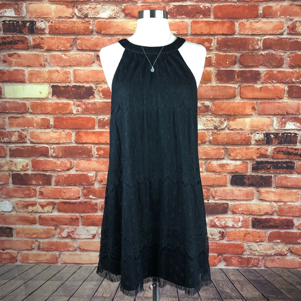 Astr High Neck Lace Overlay Shift Dress, M